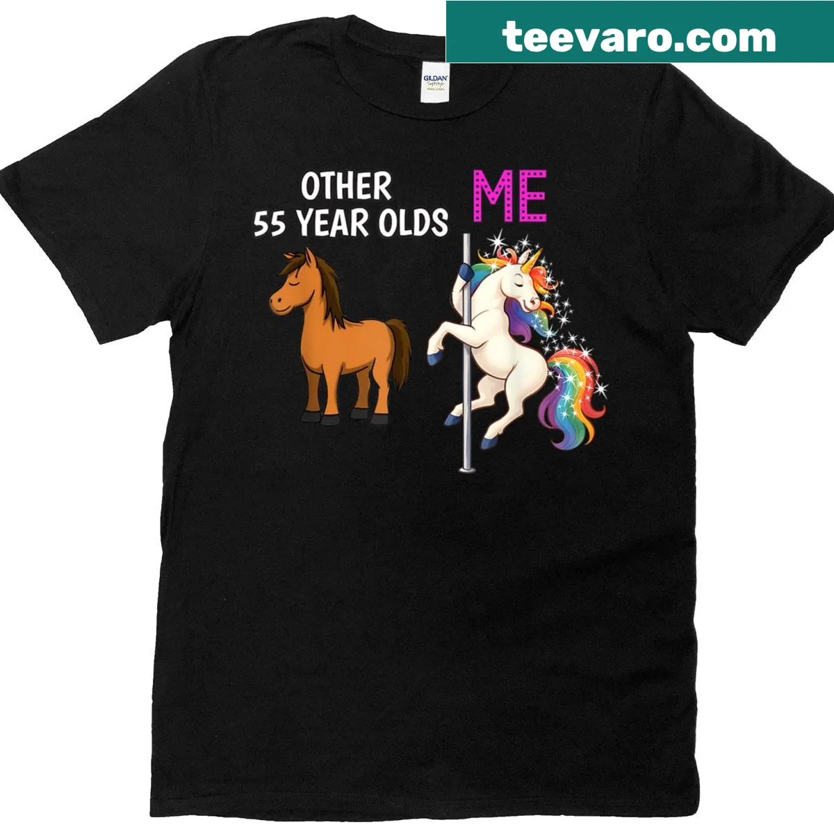 Cute unicorn design for a funny 55th birthday celebration — on a men's t-shirt