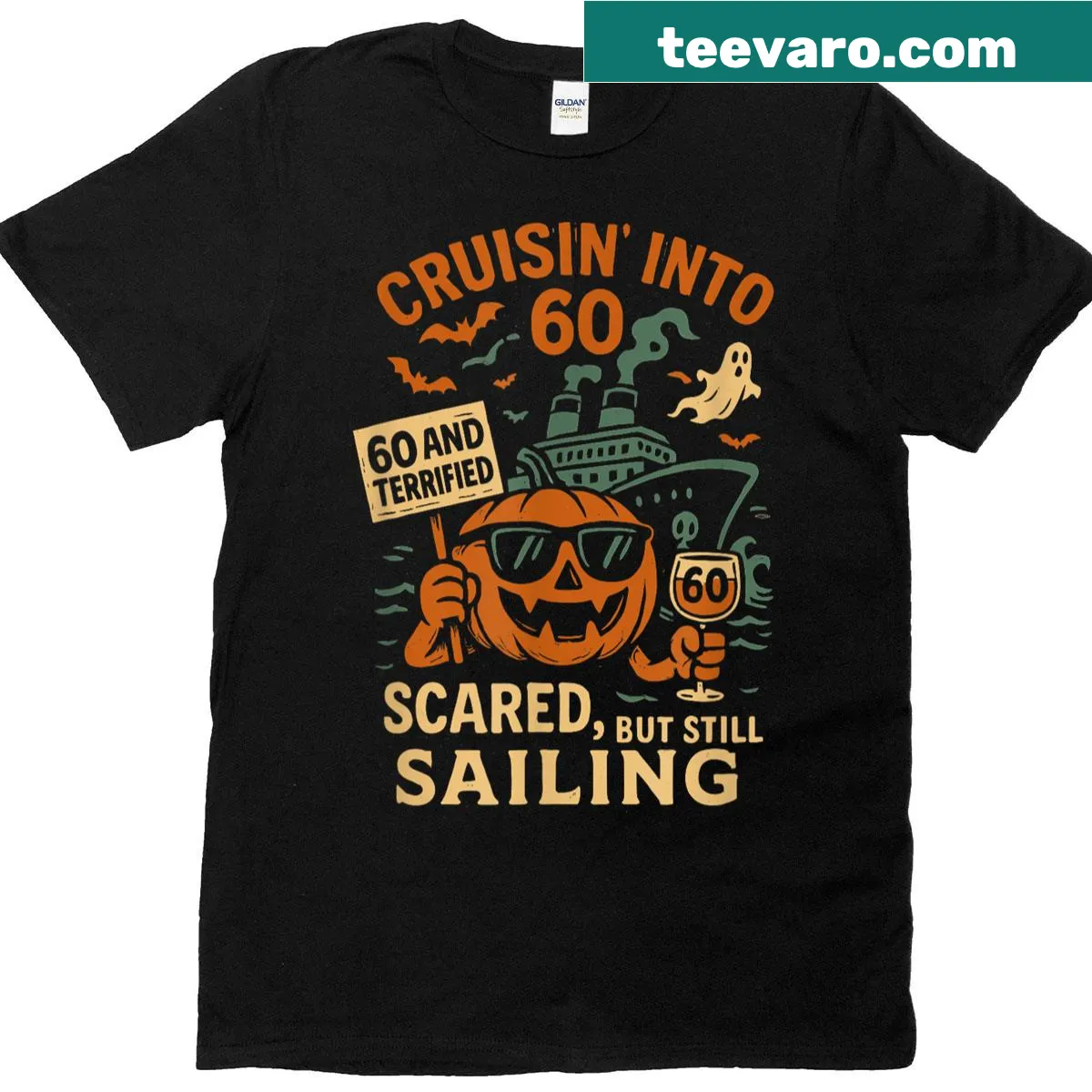 Funny T-shirt design for a 60th birthday Halloween cruise celebration — on a men's t-shirt
