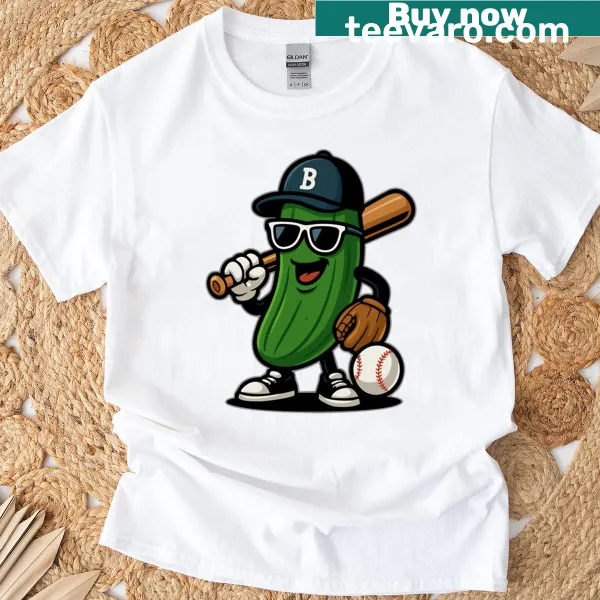 Humorous T-shirt with a baseball cucumber design for fruit lovers