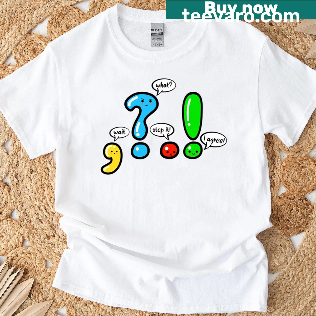 Funny English teacher t-shirt with humorous grammar graphics — on a men's t-shirt