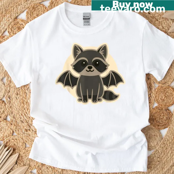Funny Halloween t-shirt for kids featuring a raccoon in a bat costume