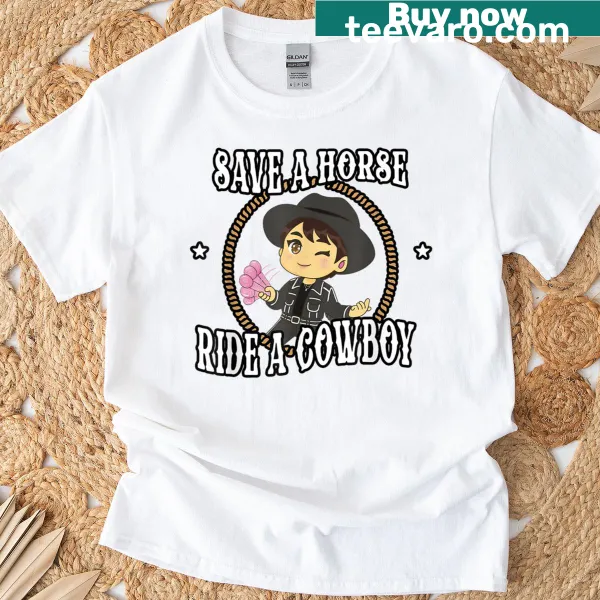 Chibi cowboy riding a horse with text Save A Horse Ride A Cowboy