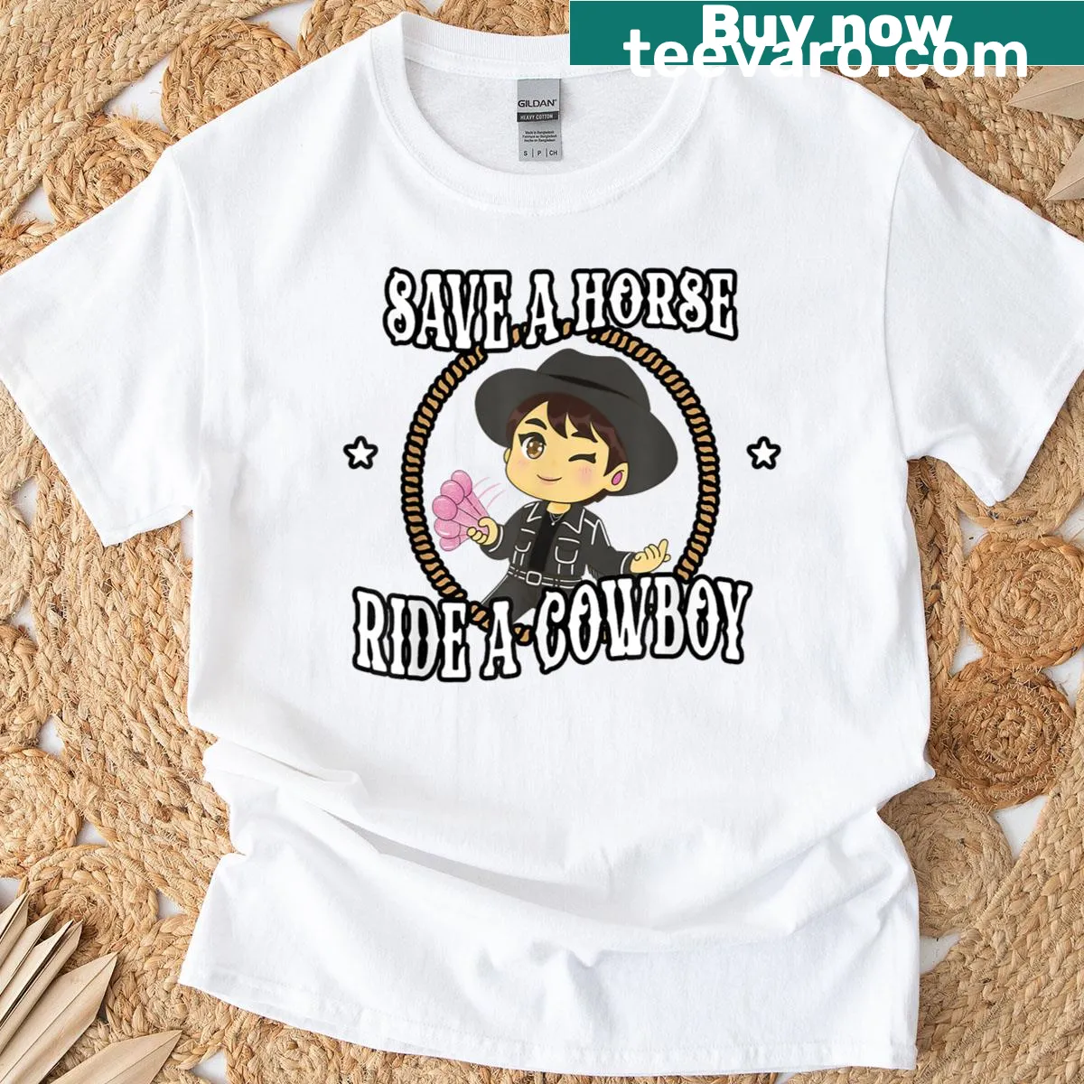 Chibi cowboy riding a horse with text Save A Horse Ride A Cowboy — on a men's t-shirt