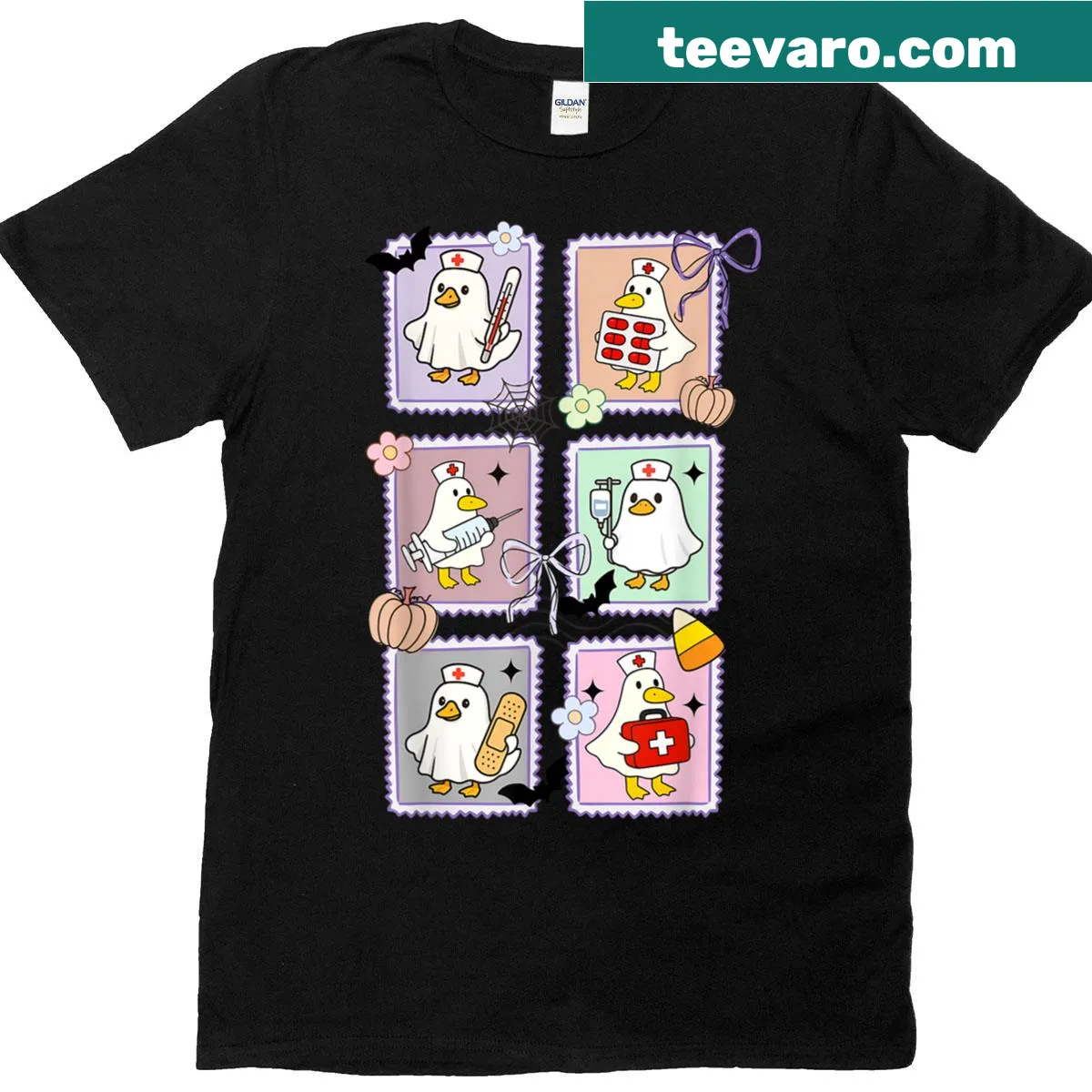Cute ghost and silly goose Halloween nurse t-shirt — on a men's t-shirt