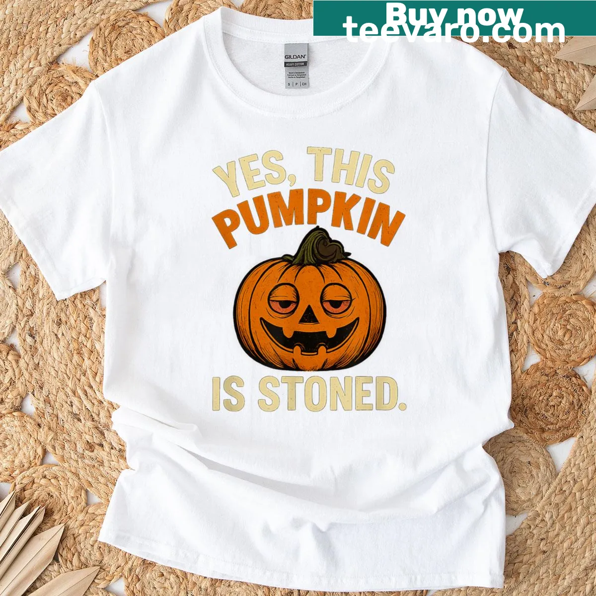 Cartoon pumpkin t-shirt with a stoned expression for Halloween — on a men's t-shirt