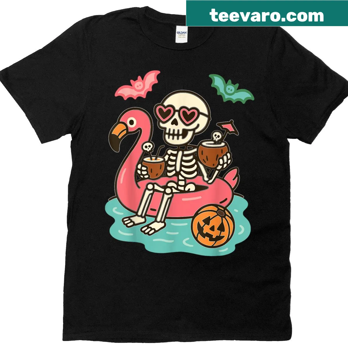 Cute Summerween T-shirt featuring a skeleton floating on a flamingo — on a men's t-shirt