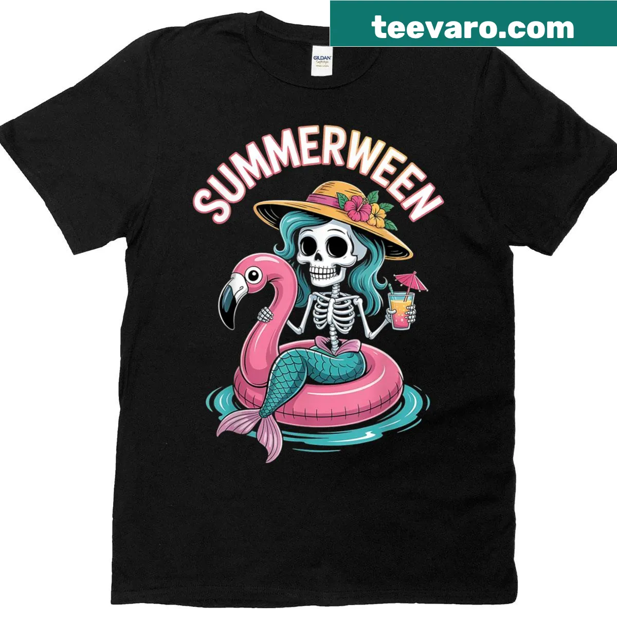 Cartoon skeleton waiting for Halloween on a summer-themed t-shirt — on a men's t-shirt