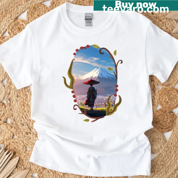 Illustrated T-shirt depicting Mount Fuji during golden hour