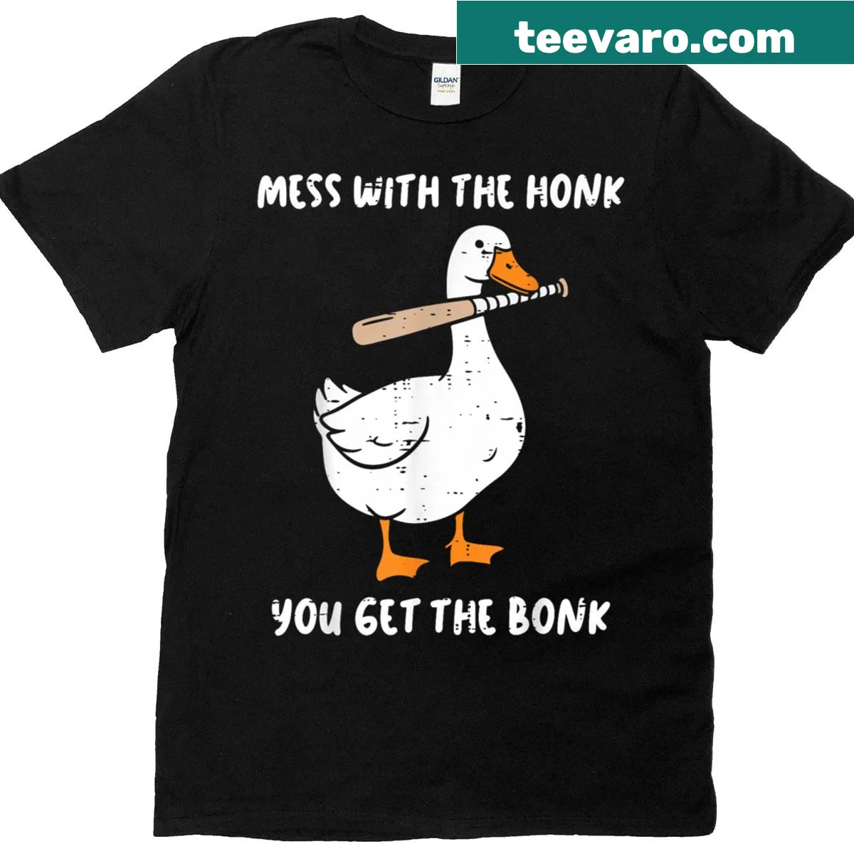 Funny T-shirt featuring a cartoon goose and the phrase 'Mess With Honk Get The Bonk' — on a men's t-shirt