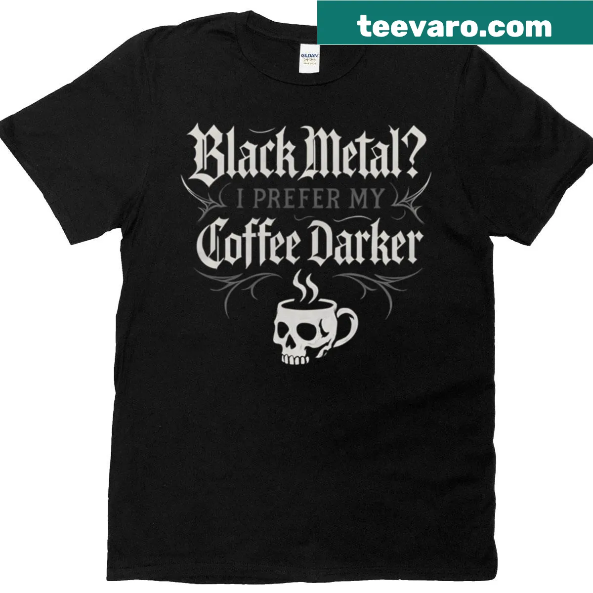 Gothic t-shirt featuring an edgy graphic related to black metal and coffee. — on a men's t-shirt
