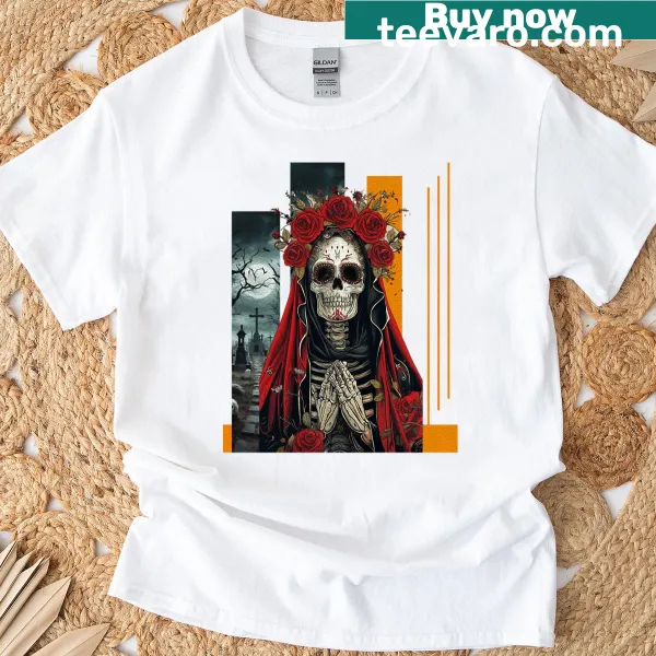 Gothic skeleton Day of the Dead t-shirt with floral skull design