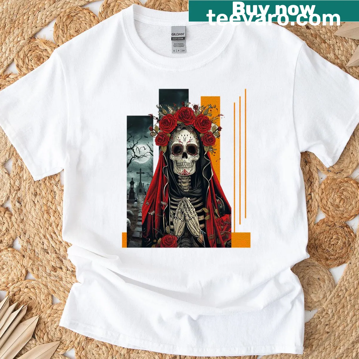 Gothic skeleton Day of the Dead t-shirt with floral skull design — on a men's t-shirt