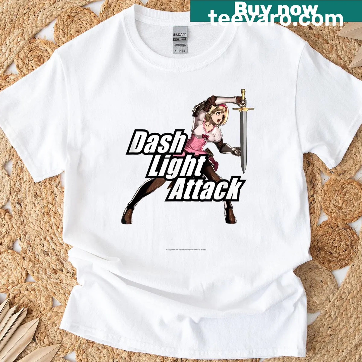 Djeeta from Granblue Fantasy depicted in an action pose on a t-shirt — on a men's t-shirt