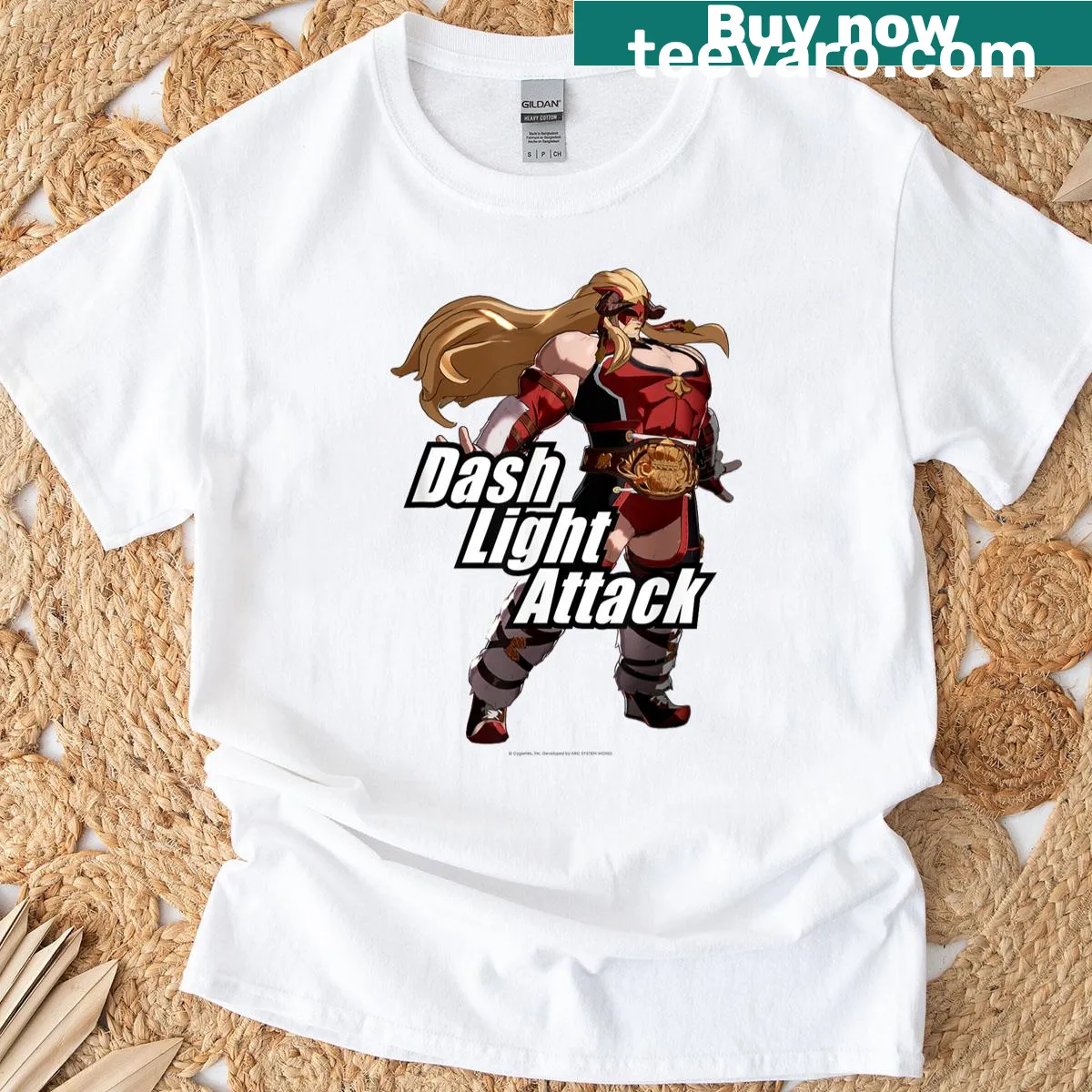 Fastiva from Granblue Fantasy in a dynamic light attack pose on a t-shirt — on a men's t-shirt