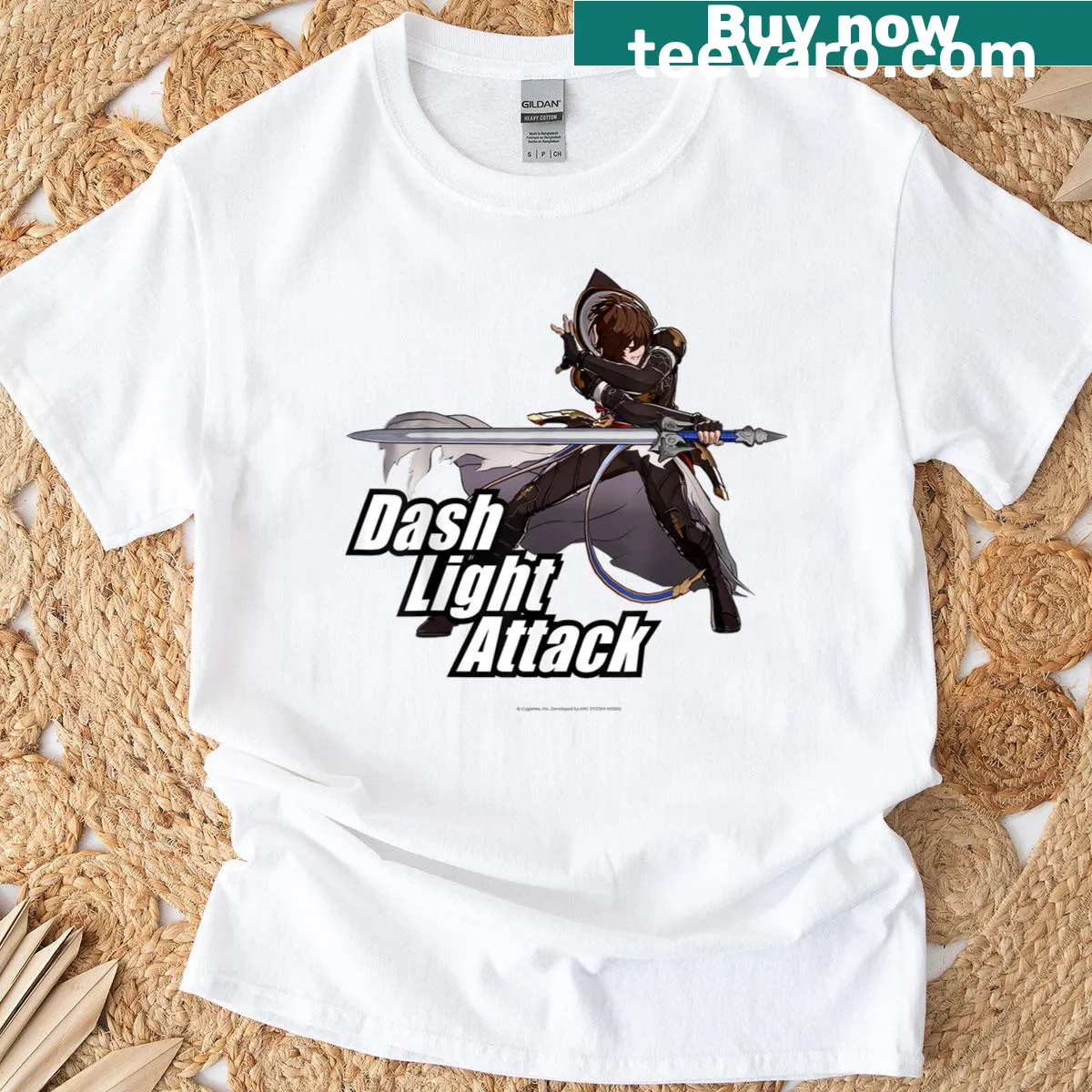 Graphic t-shirt featuring Sandalphon from Granblue Fantasy in action — on a men's t-shirt