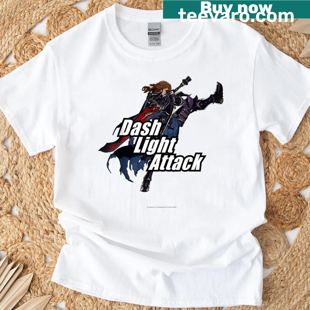T-shirt illustrating Siegfried from Granblue Fantasy in action — on a men's t-shirt