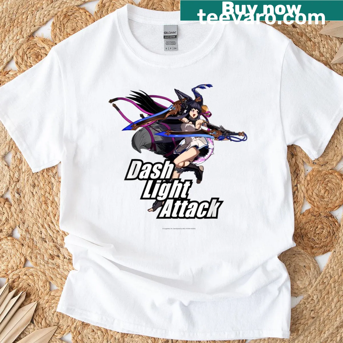 Yuel from Granblue Fantasy depicted in a light attack pose on a t-shirt — on a men's t-shirt