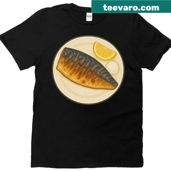 Illustration of grilled mackerel on a T-shirt celebrating Japanese cuisine