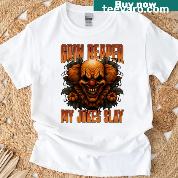 Cartoon Grin Reaper in clown costume on a Halloween-themed t-shirt