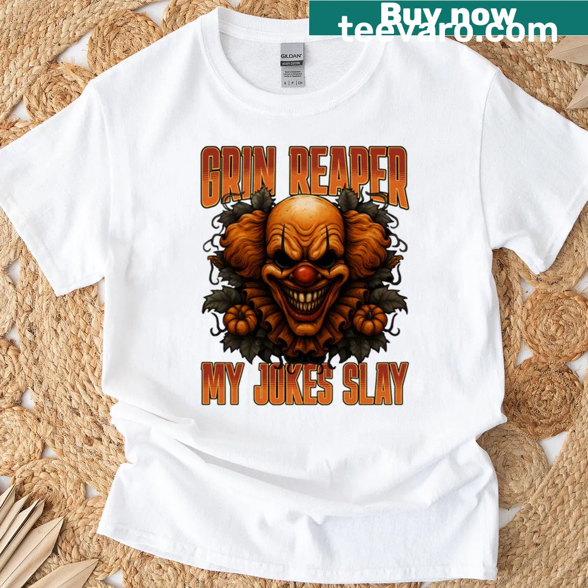 Cartoon Grin Reaper in clown costume on a Halloween-themed t-shirt — on a men's t-shirt