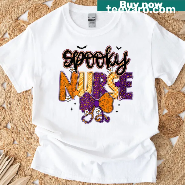 Funny ghost nurse graphic t-shirt for Halloween.