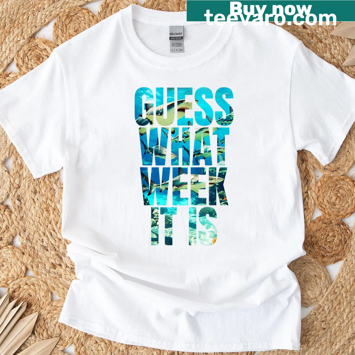 Funny shark design announcing Shark Week on a casual t-shirt — on a men's t-shirt