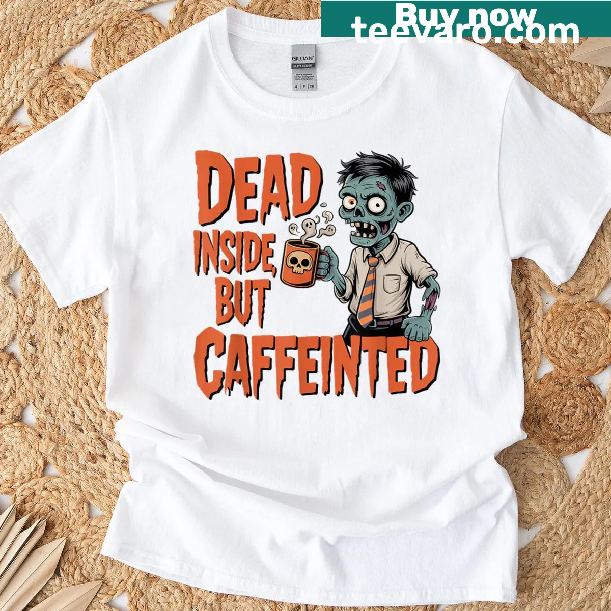 Funny zombie coffee graphic t-shirt for Halloween. — on a men's t-shirt