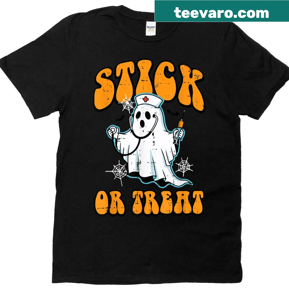 Ghost nurse T-shirt with stick or treat design for Halloween — on a men's t-shirt