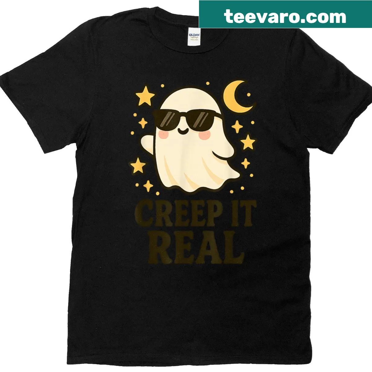 Funny Halloween T-shirt with ghost in sunglasses and text — on a men's t-shirt