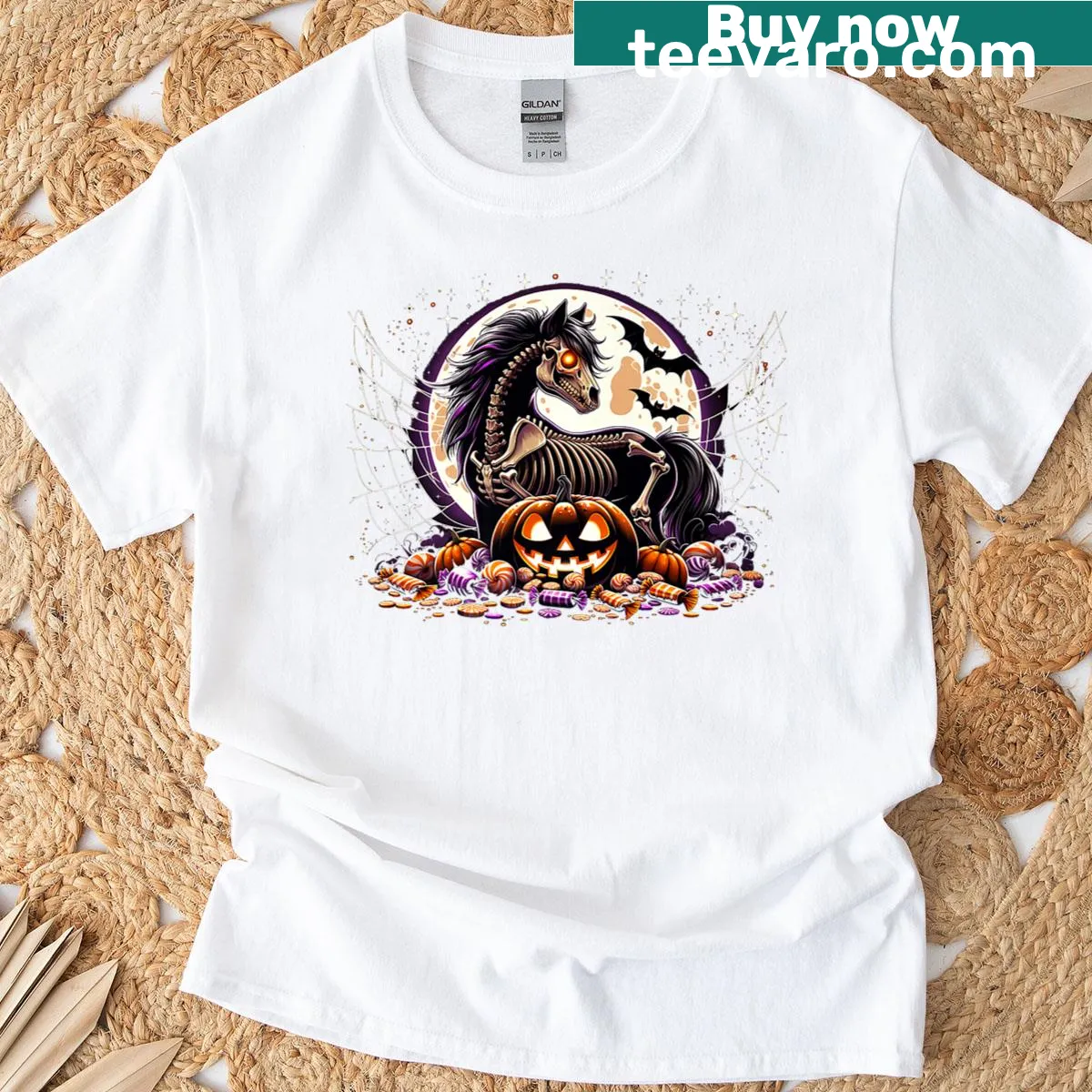 Cute t-shirt featuring a skeleton horse design for Halloween — on a men's t-shirt