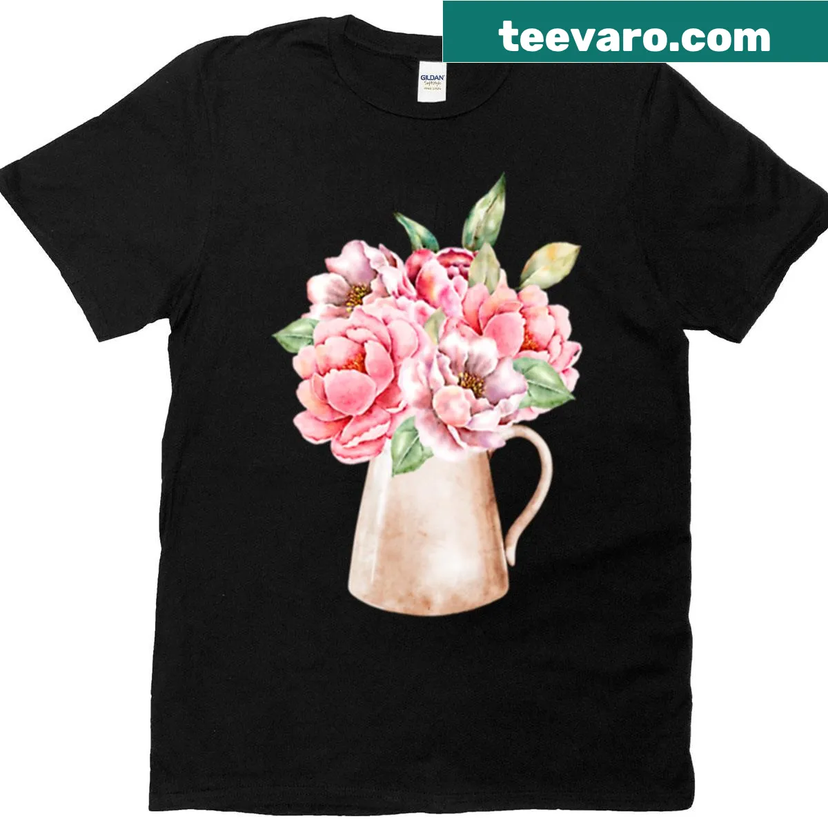 Watercolor illustrated T-shirt with a vase of pink peonies — on a men's t-shirt