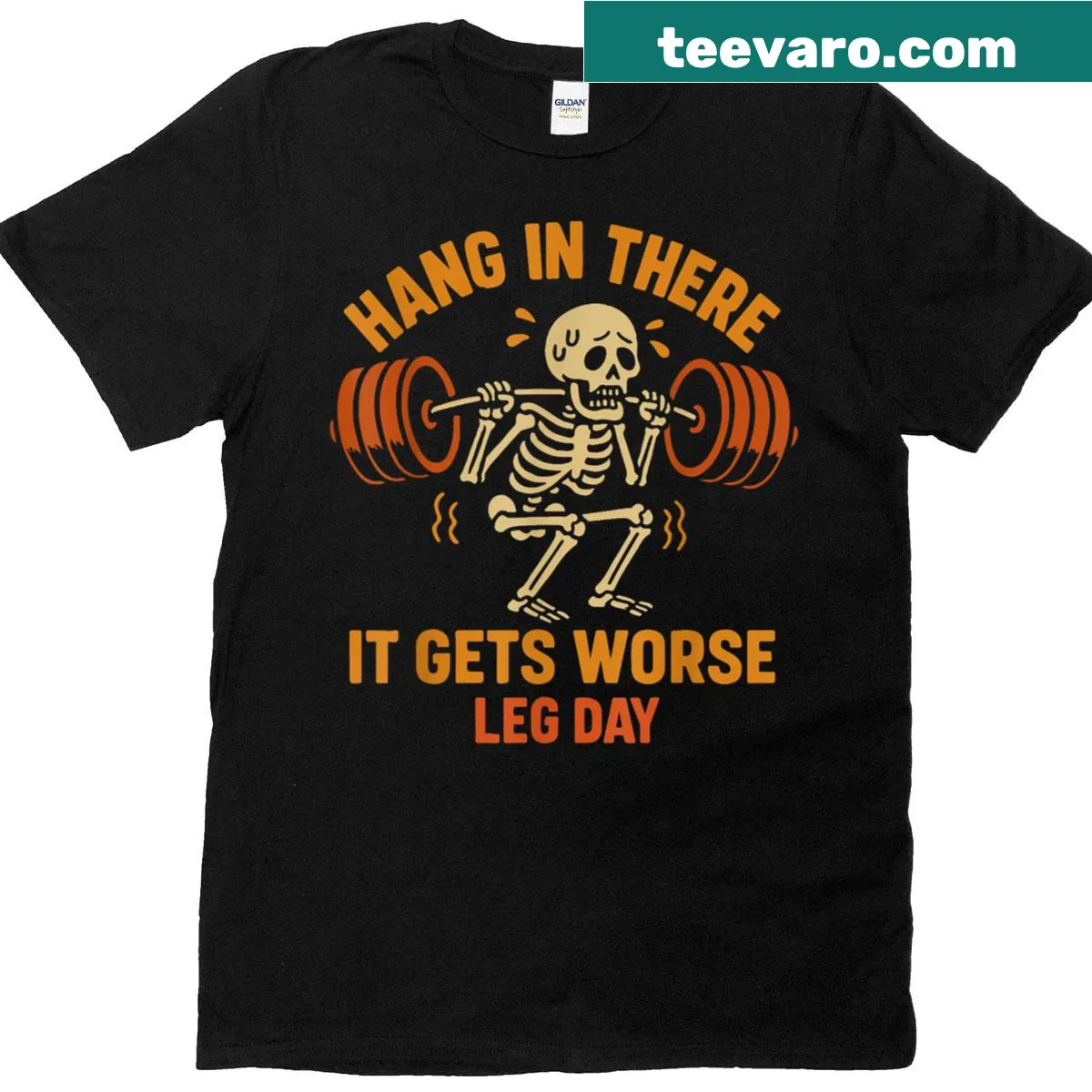 Funny gym T-shirt with a skeleton doing squats and humorous text — on a men's t-shirt