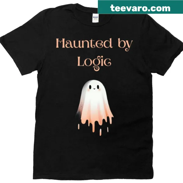 Clever ghost T-shirt with 'Haunted By Logic' text