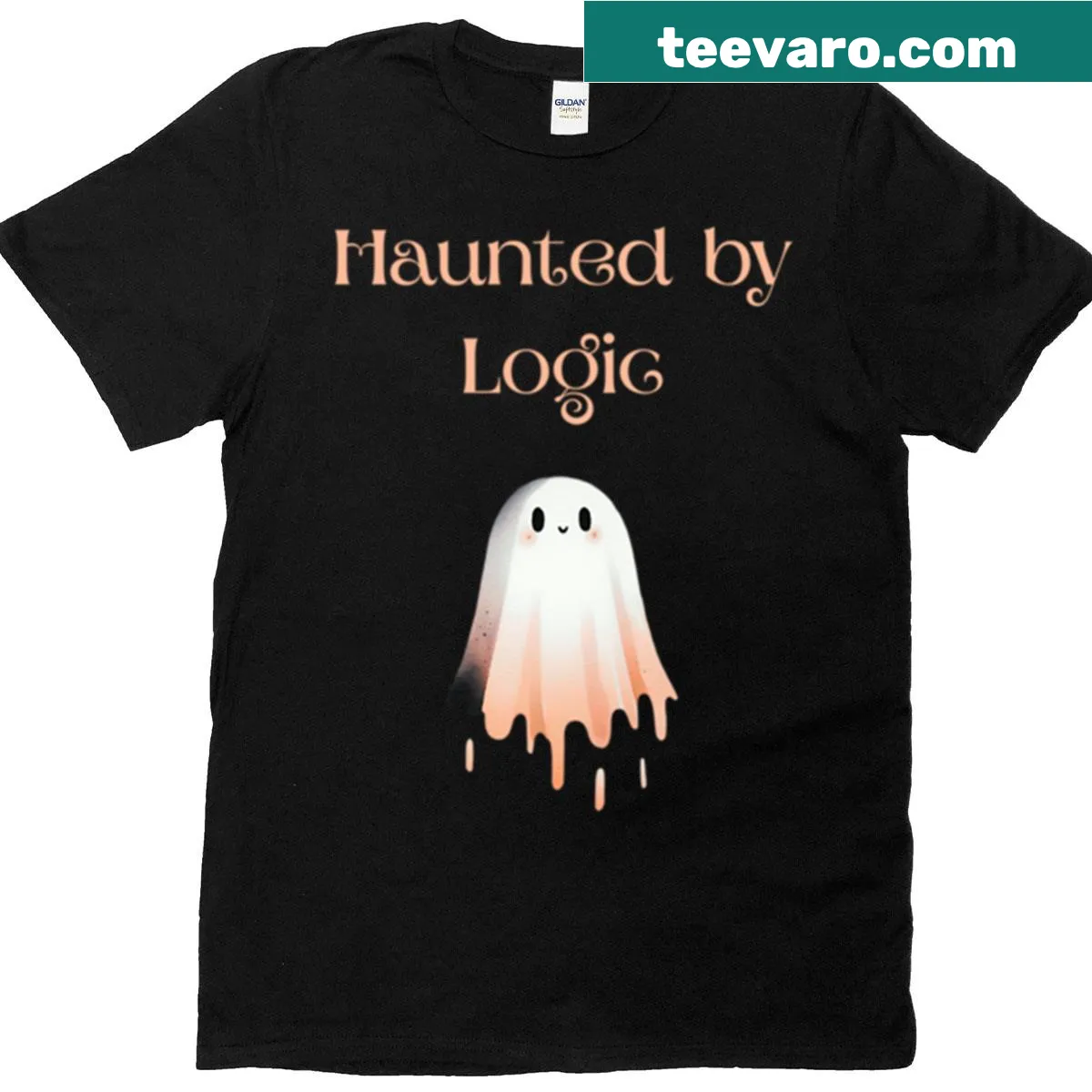 Clever ghost T-shirt with 'Haunted By Logic' text — on a men's t-shirt