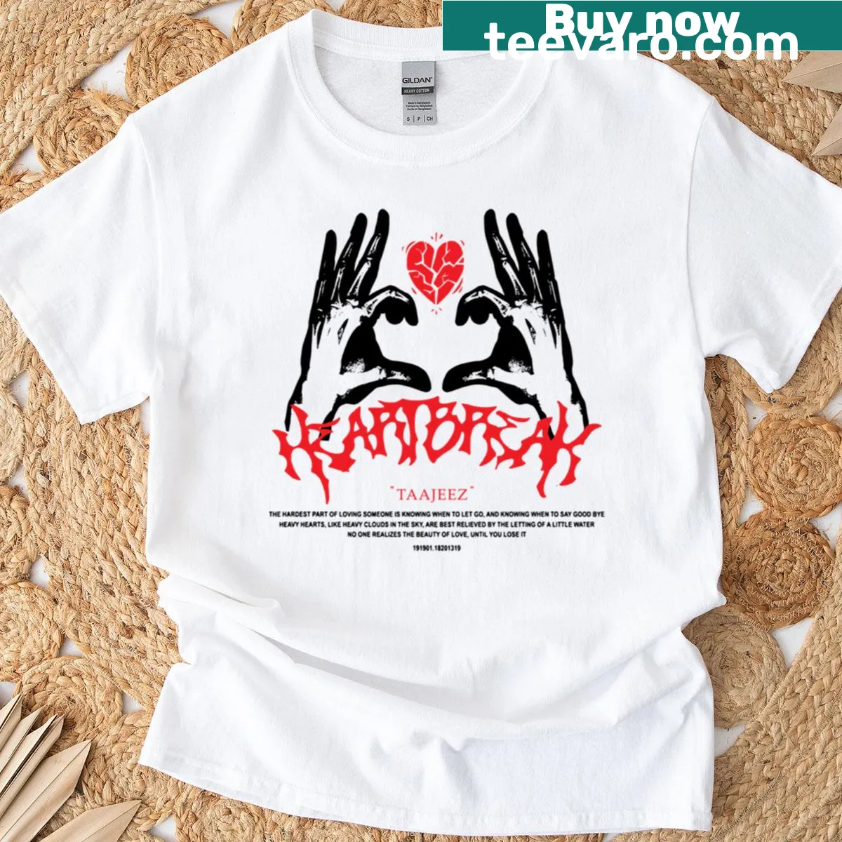 T-shirt with the word Heartbreak in a simple font, expressing love loss — on a men's t-shirt