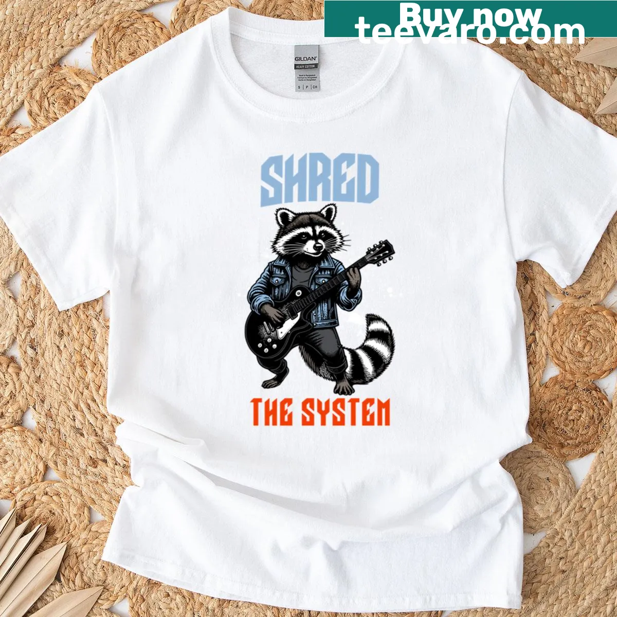 Illustration of a raccoon playing guitar on a heavy metal-themed t-shirt — on a men's t-shirt