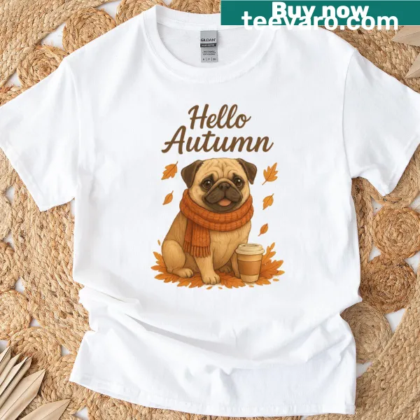 Cute pug illustration in a scarf for autumn-themed t-shirt