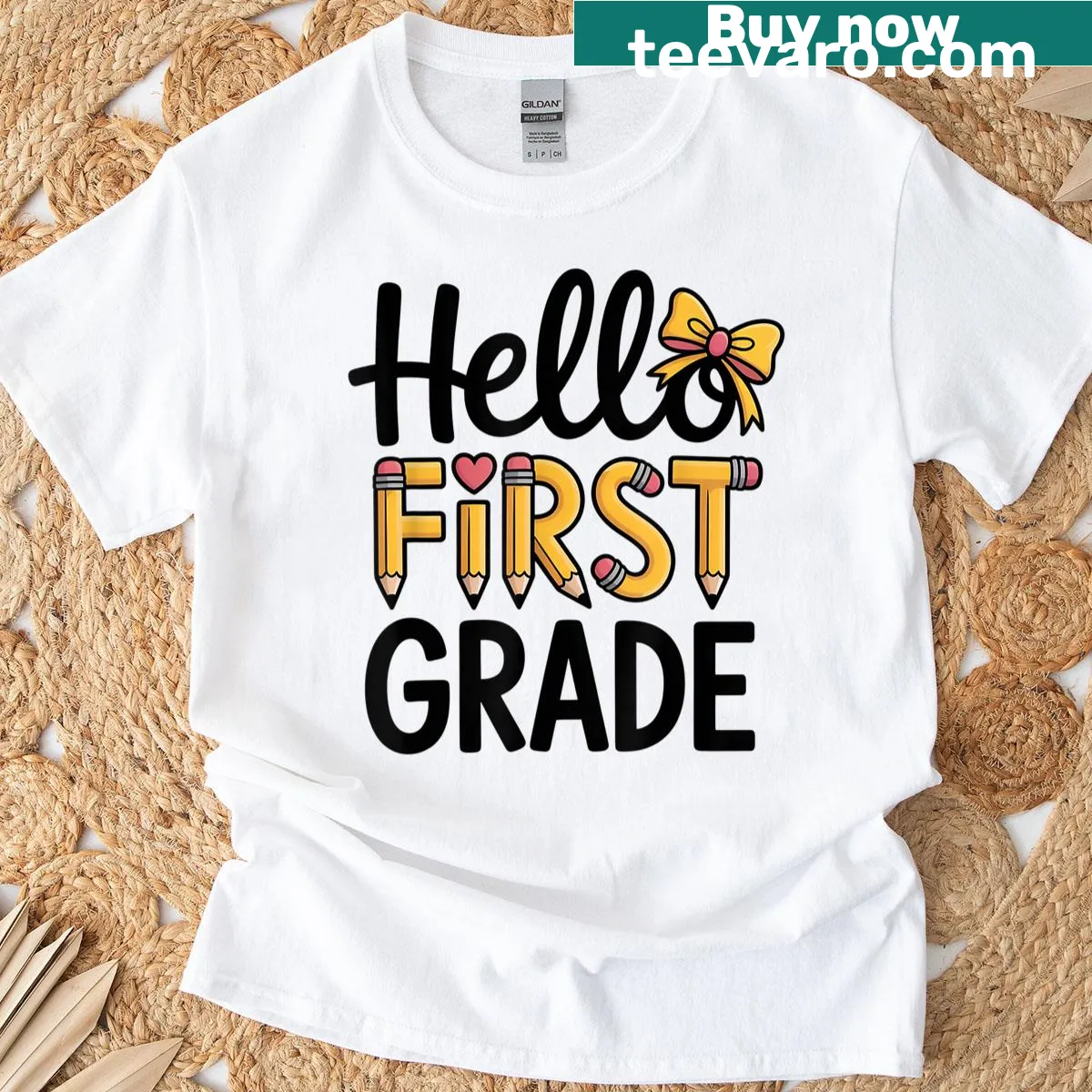 Cute pencil graphic with bow and 'Hello First Grade' text — on a men's t-shirt