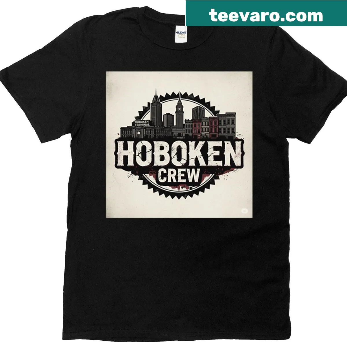 Couple-oriented T-shirt with 'Hoboken Crew' text — on a men's t-shirt