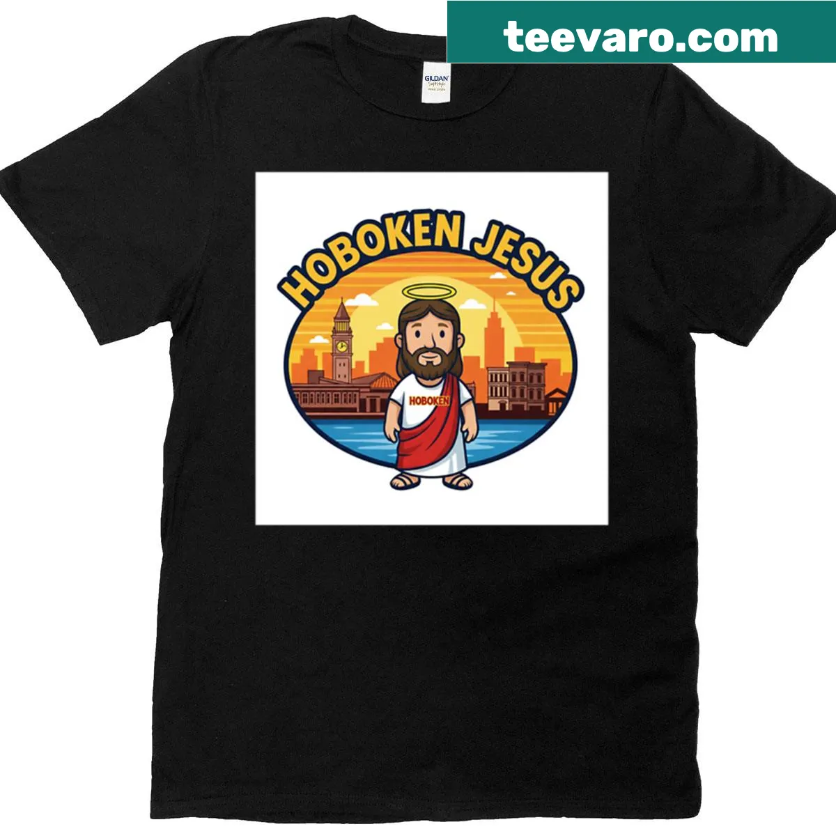 Illustrated T-shirt featuring Hoboken Jesus design — on a men's t-shirt