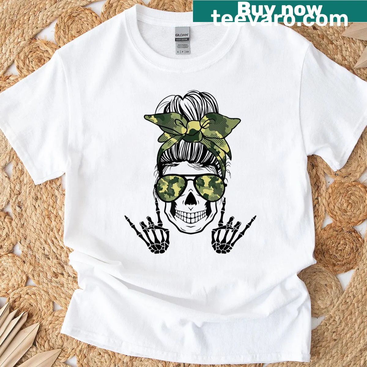 Skeleton with messy bun and camouflage design for Halloween. — on a men's t-shirt