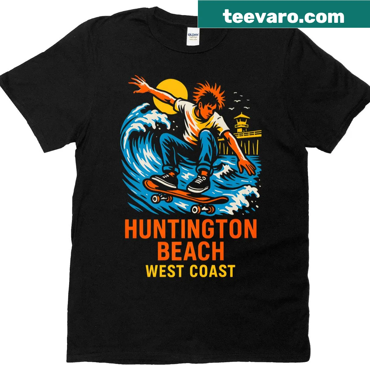 Retro Huntington Beach surf T-shirt with skateboard graphic — on a men's t-shirt