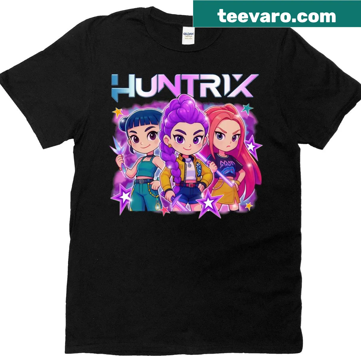 Chibi demon hunters graphic t-shirt featuring Kpop themes — on a men's t-shirt