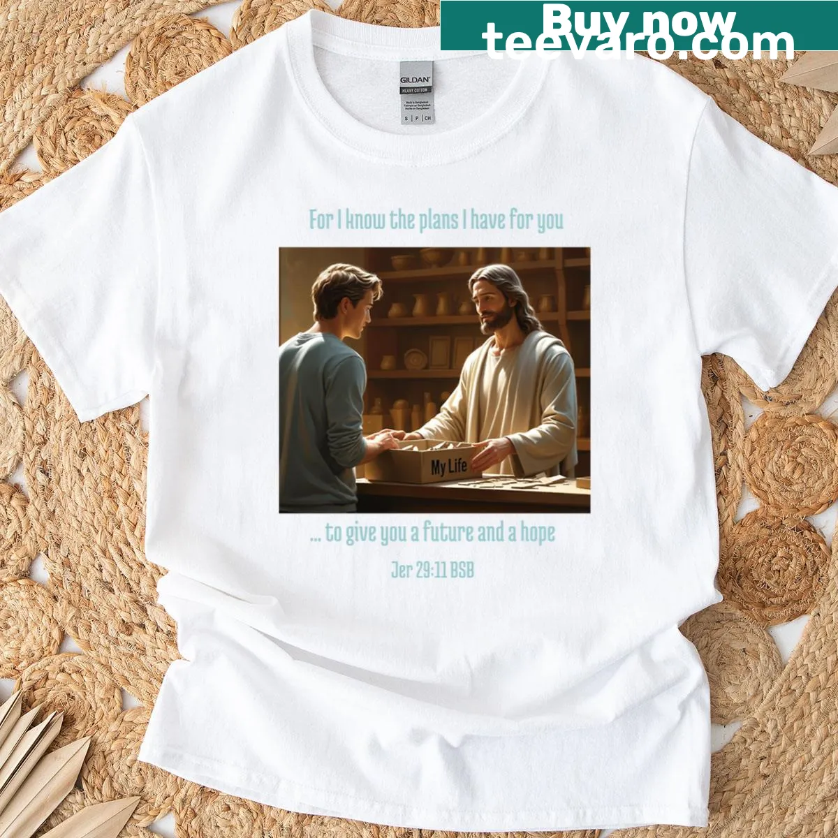 Inspirational typography t-shirt featuring a faith-based message — on a men's t-shirt