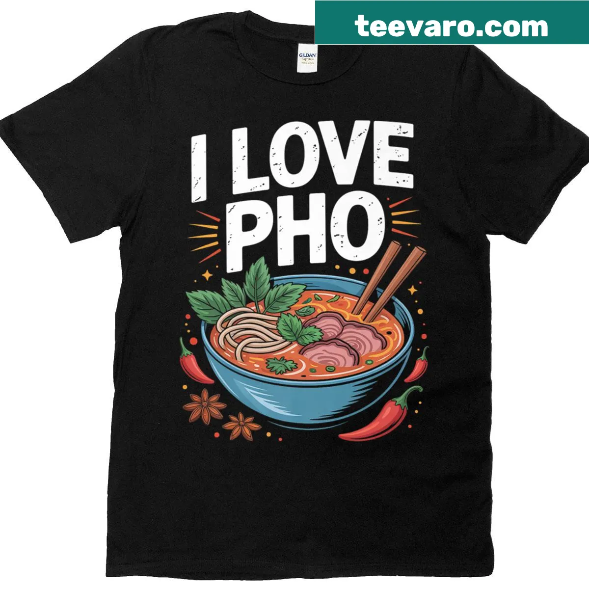 Typography design celebrating love for pho noodle soup — on a men's t-shirt