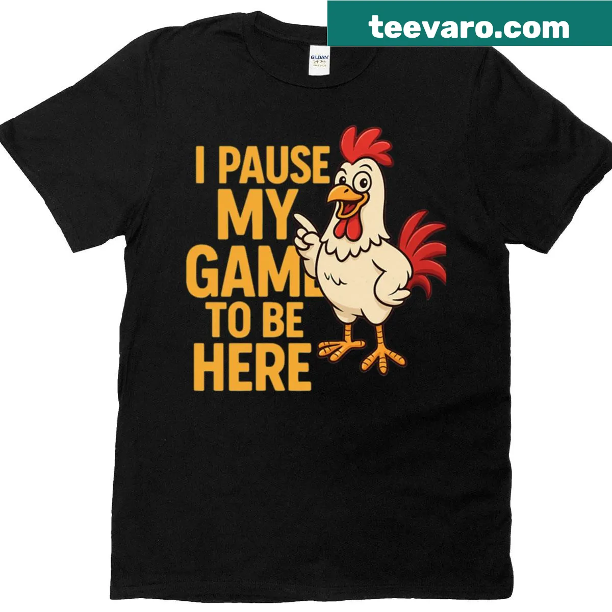 Funny gamer t-shirt with chicken design and humorous text — on a men's t-shirt