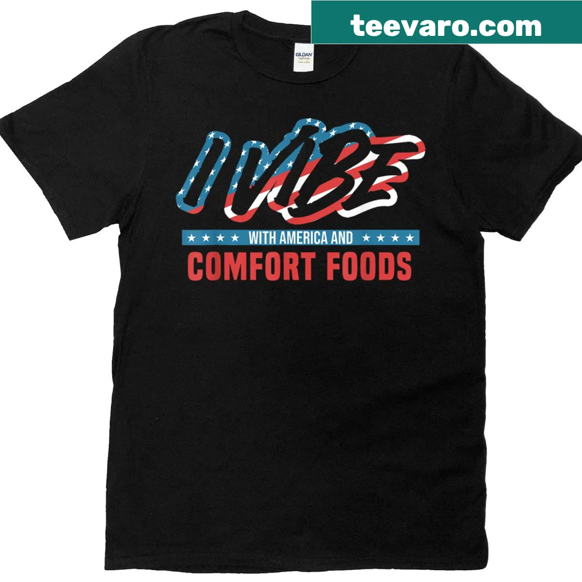 Funny patriotic t-shirt with text about America and comfort foods — on a men's t-shirt