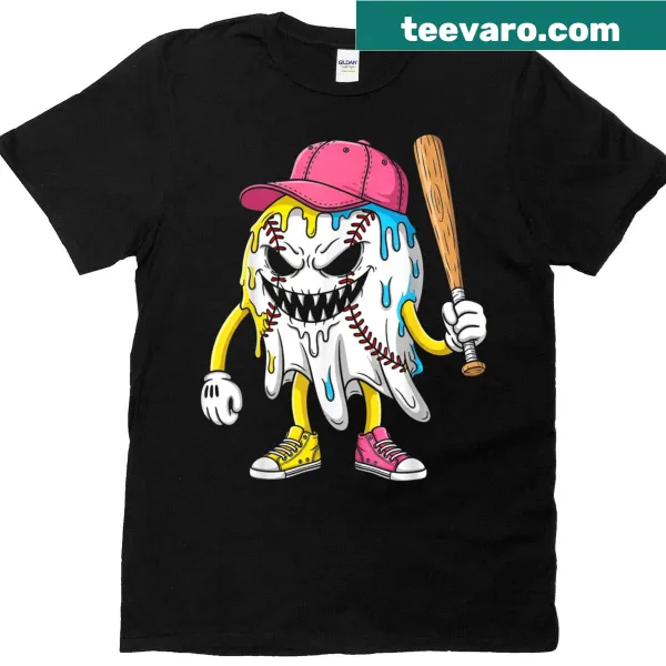 Ghost with ice cream drips and baseballs, playful Halloween graphic