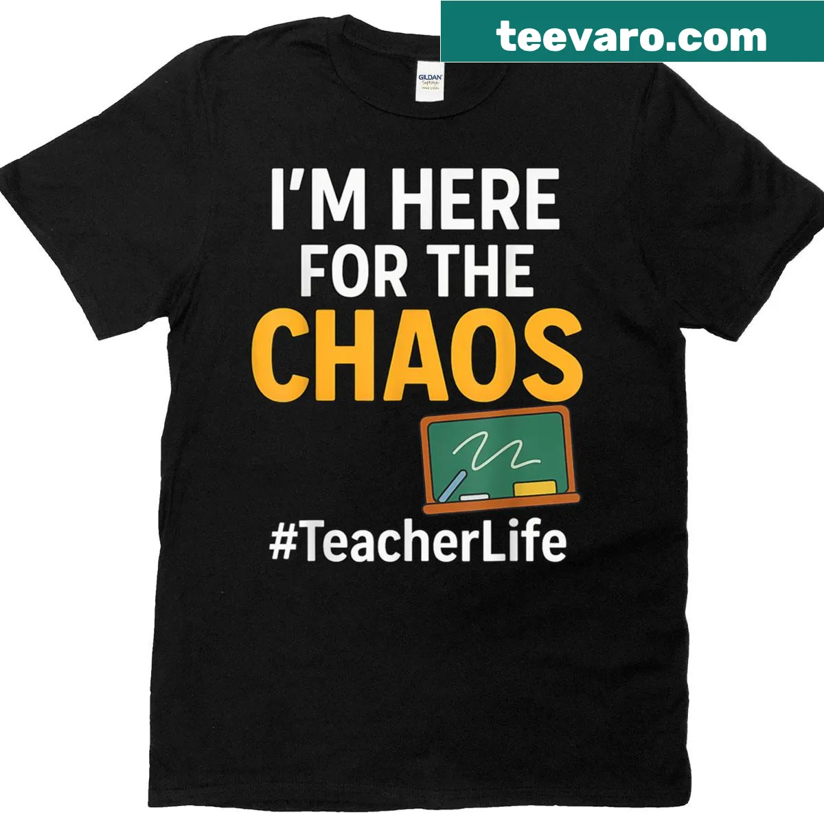 Funny teacher t-shirt with chaos-themed text design — on a men's t-shirt