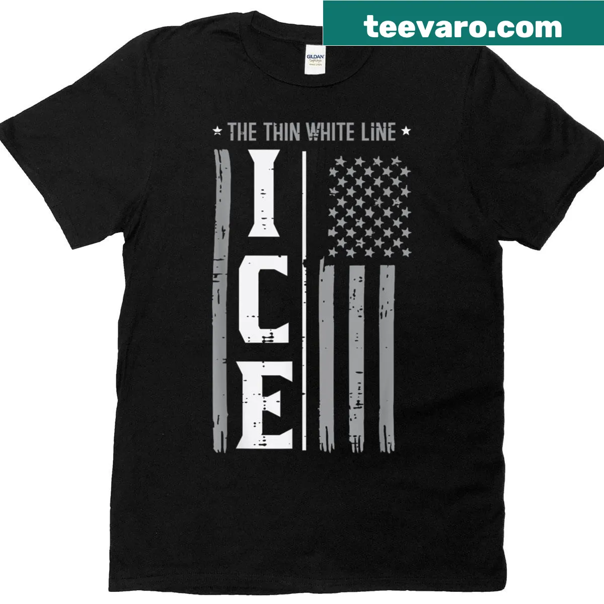 US flag design with immigrant and Thin White Line themes — on a men's t-shirt